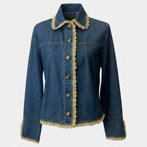 Double D Ranch Scalloped Crochet Trim Jean Jacket Size M Boho Western Cowgirl